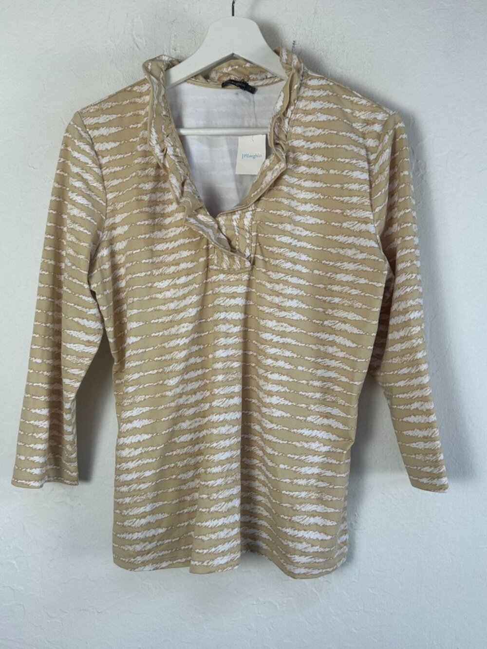 J. McLaughlin Womens Durham Ruffle Top Large Tan Khaki Inked Stripe Stretch New
